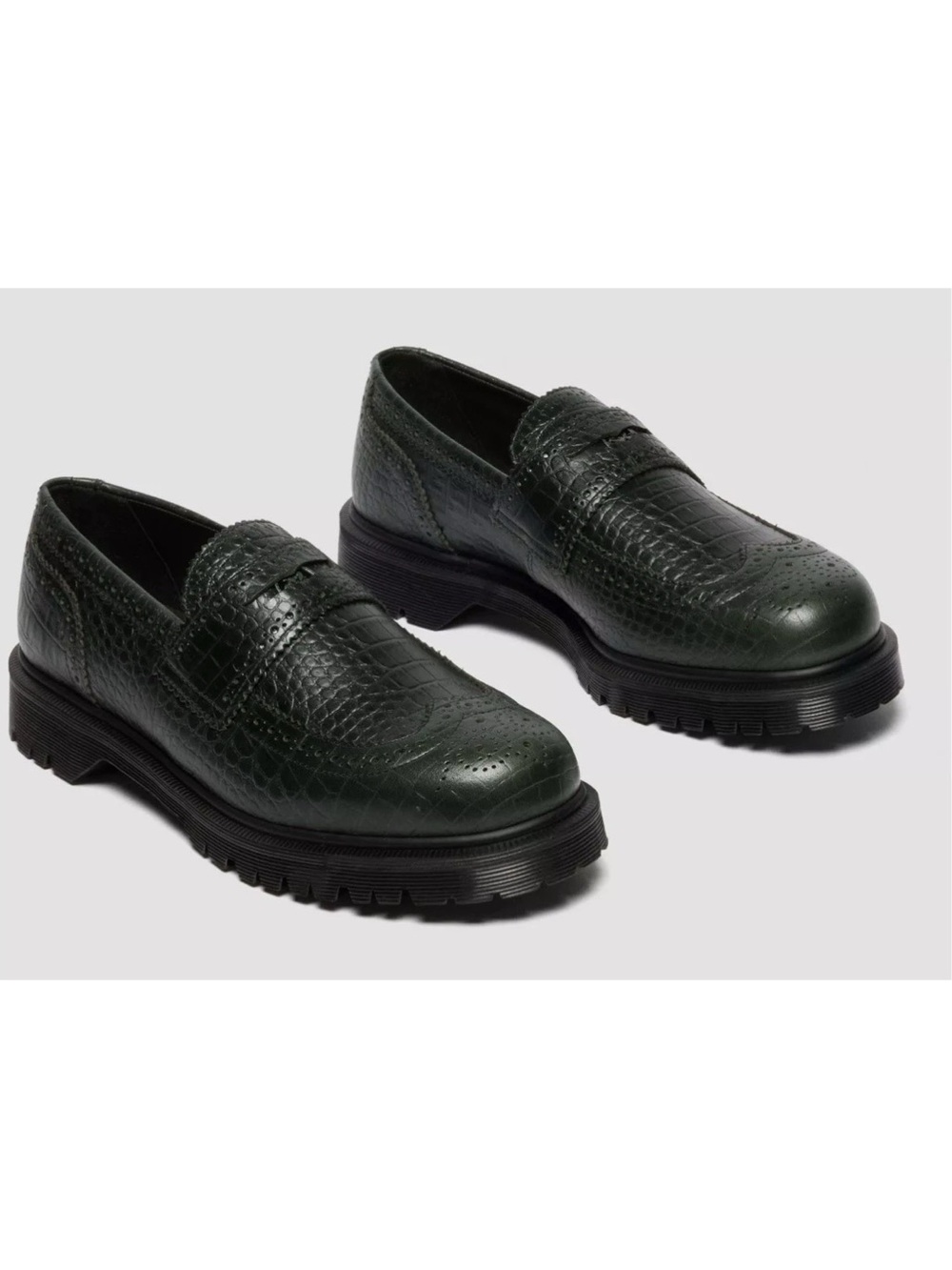 Dr. Martens Penton Brogue Analine Dark Green Croc-Embossed Leather Loafers
